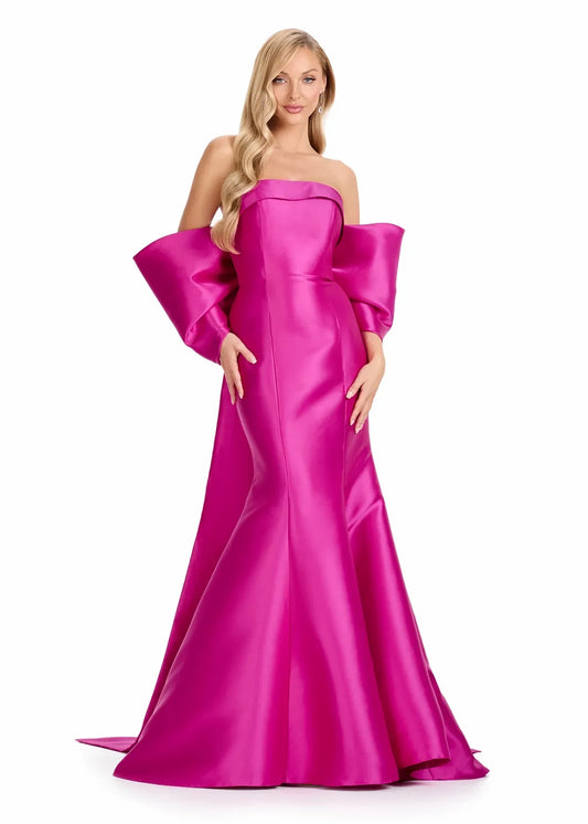 Stunning Mermaid Strapless Off-Shoulder Dramatic Bow Fuchsia Floor-Length Mother of the Bride Gown