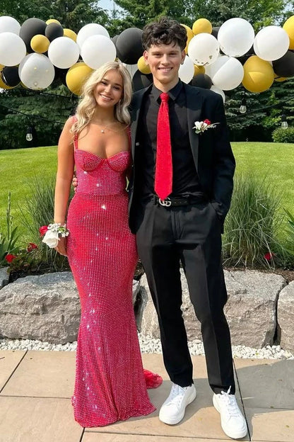 Stunning Mermaid Sweetheart Sleeveless Sparkling Corset Red Long Prom Dresses Women