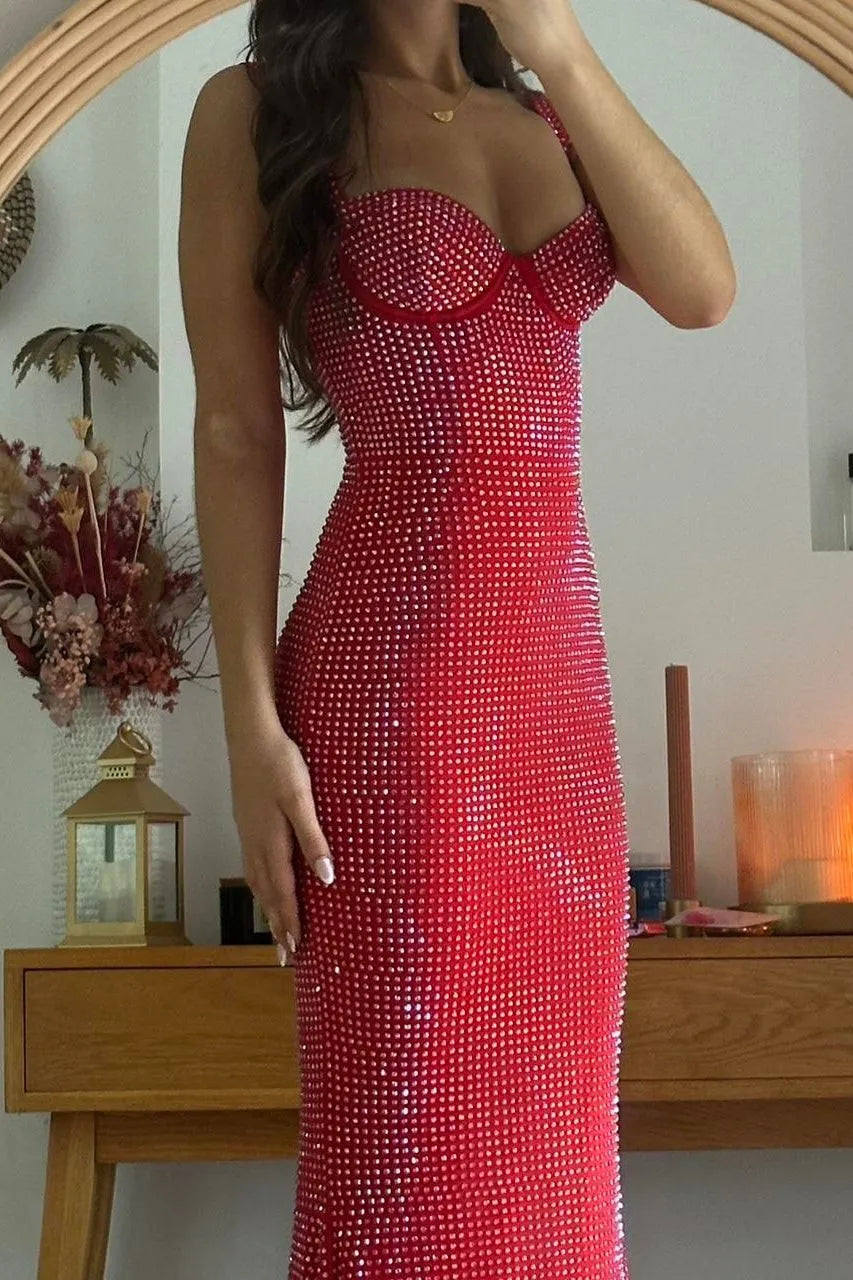 Stunning Mermaid Sweetheart Sleeveless Sparkling Corset Red Long Prom Dresses Women