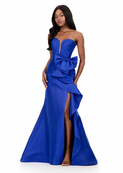 Stunning Mermaid Sweetheart Strapless Bow Ruffled Royal Blue Floor-Length Evening Gown