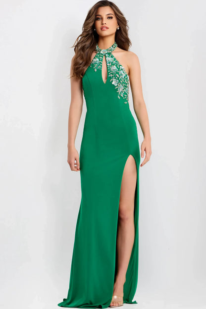 Stunning Sheath Halter Sleeveless Beaded Slit Emerald Green Floor-Length Evening Gown