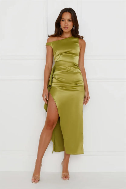 Stunning Sheath One-Shoulder Draped Slit Olive Green Midi Prom Dress Gown