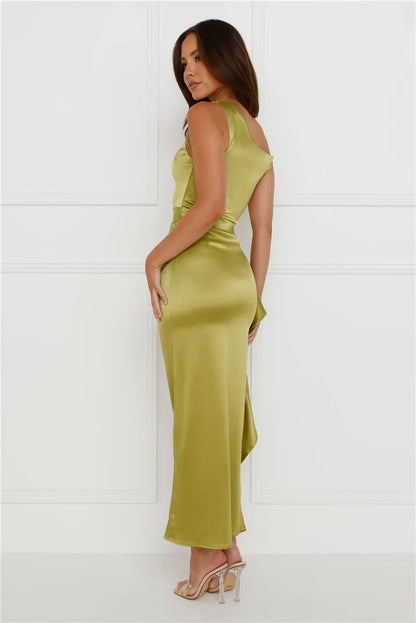 Stunning Sheath One-Shoulder Draped Slit Olive Green Midi Prom Dress Gown