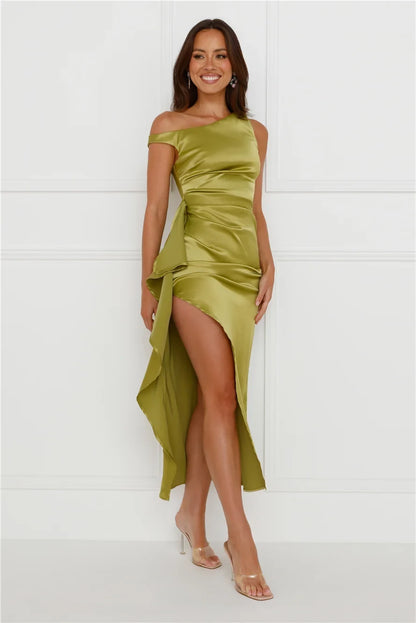 Stunning Sheath One-Shoulder Draped Slit Olive Green Midi Prom Dress Gown