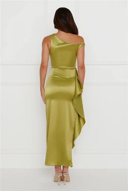 Stunning Sheath One-Shoulder Draped Slit Olive Green Midi Prom Dress Gown