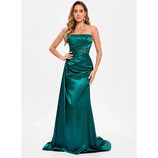 Stunning Sheath Strapless Ruched Corset Emerald Green Floor-Length Prom Dress Gown