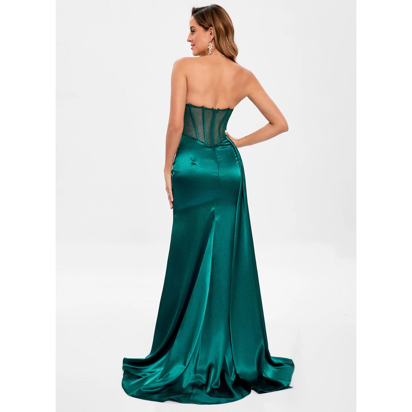Stunning Sheath Strapless Ruched Corset Emerald Green Floor-Length Prom Dress Gown