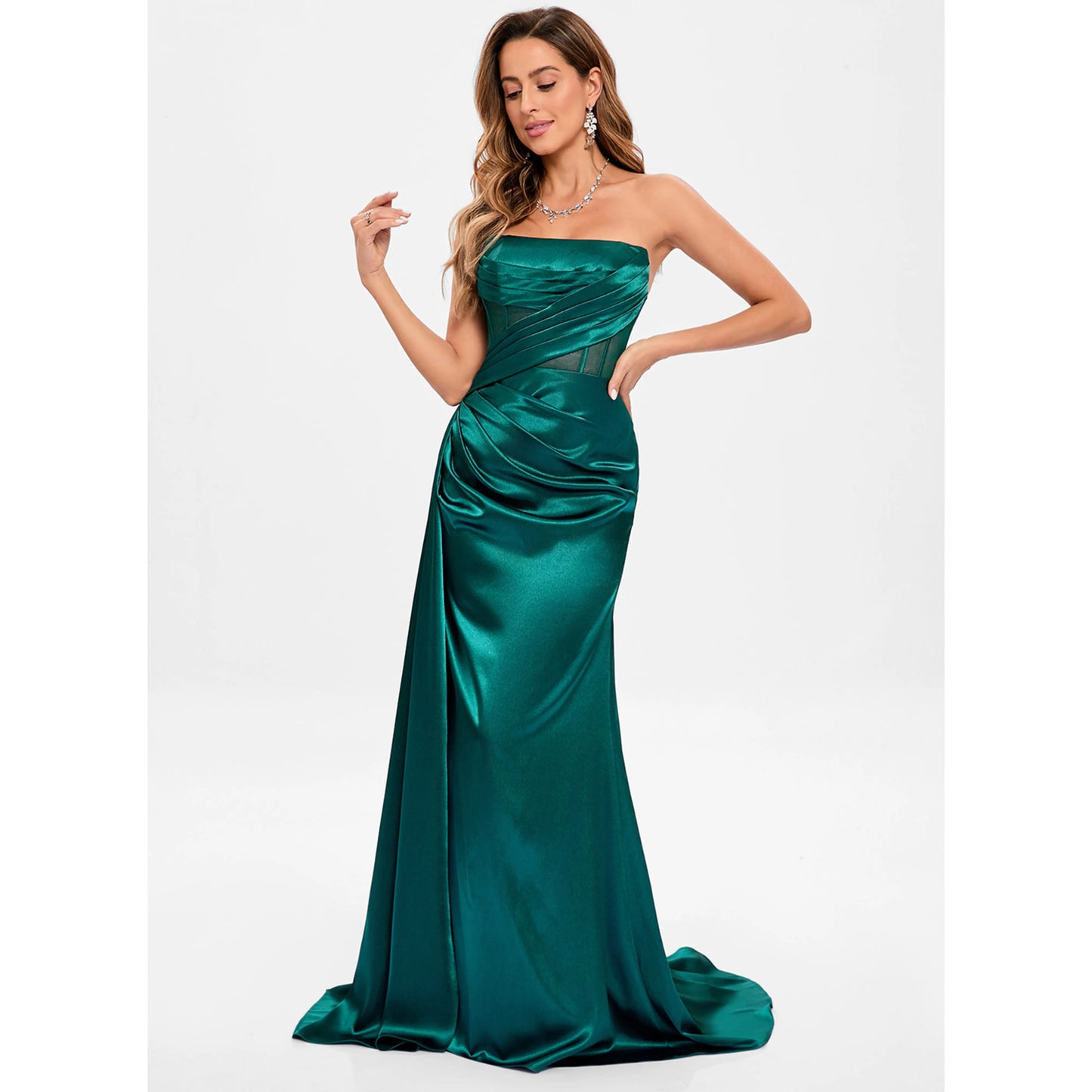 Stunning Sheath Strapless Ruched Corset Emerald Green Floor-Length Prom Dress Gown