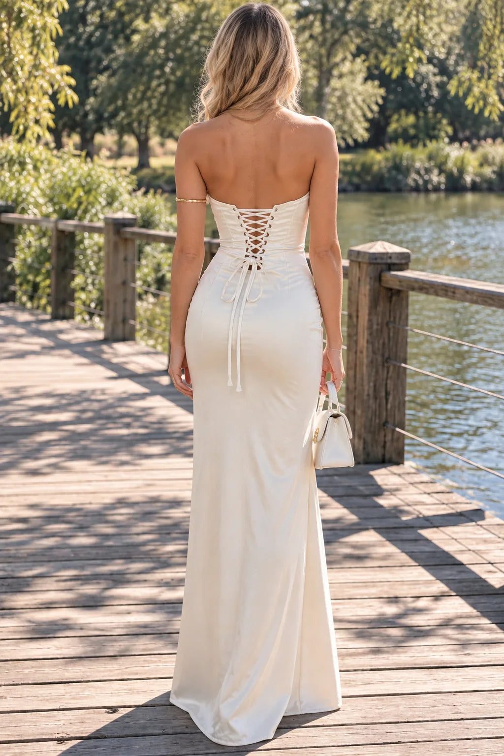 Stunning Sheath Strapless Sleeveless Corset Slit Ivory Maxi Prom Dresses Women