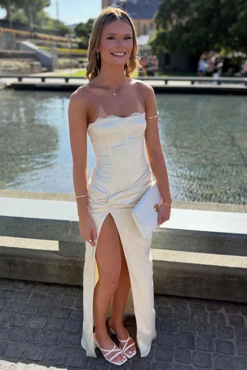 Stunning Sheath Strapless Sleeveless Corset Slit Ivory Maxi Prom Dresses Women