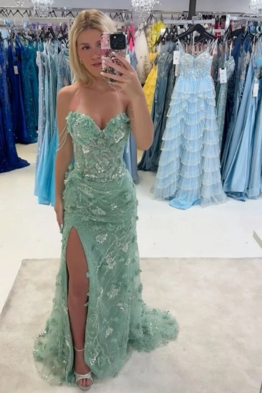 Stunning Sheath Sweetheart Sleeveless Floral Slit Mint Long Prom Dresses Gown