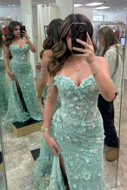 Stunning Sheath Sweetheart Sleeveless Floral Slit Mint Long Prom Dresses Gown