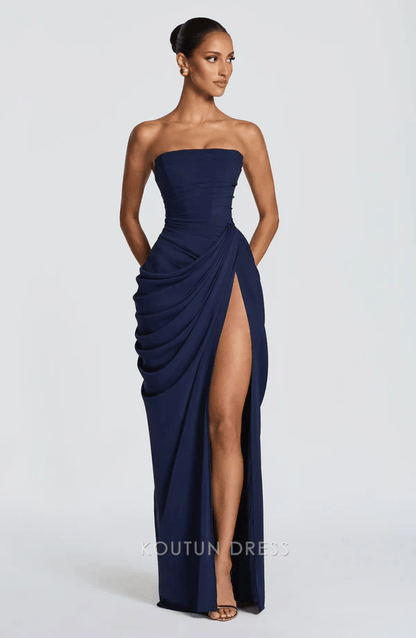 Stunning Strapless Ruched High Slit Navy Blue Floor-Length Prom Dress Women's Gown
