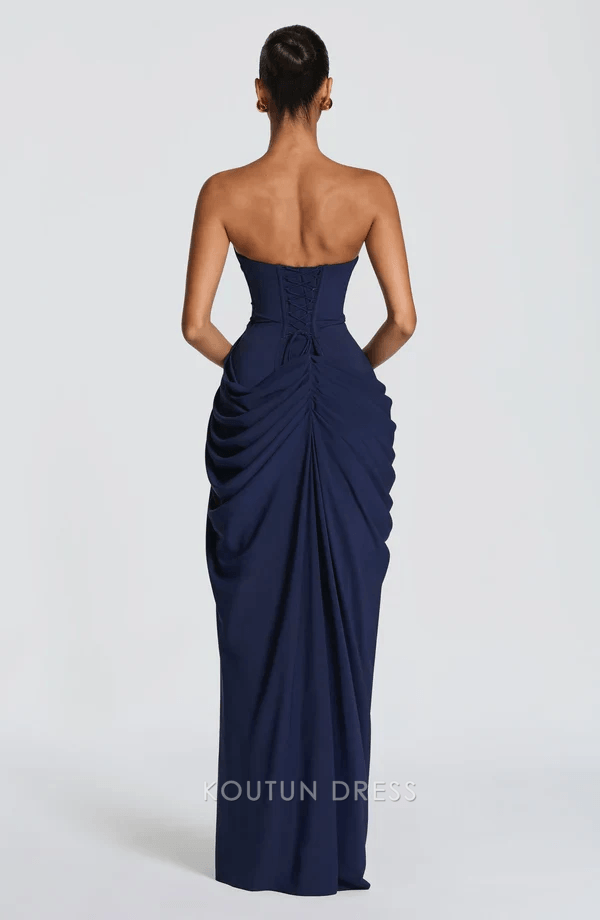Stunning Strapless Ruched High Slit Navy Blue Floor-Length Prom Dress Women's Gown