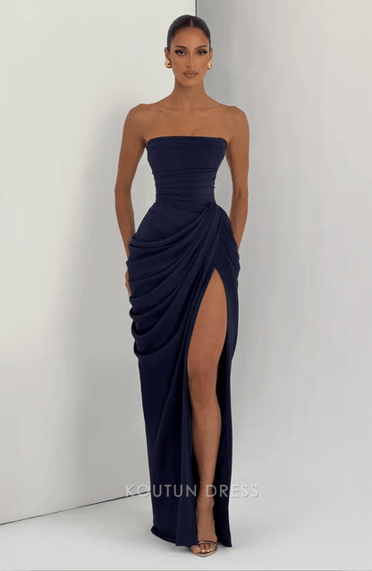 Stunning Strapless Ruched High Slit Navy Blue Floor-Length Prom Dress Women's Gown