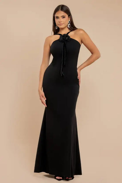 Sultry Black Halter Neck Mermaid Gown with 3D Floral Detail and Open Back, Prom Dress