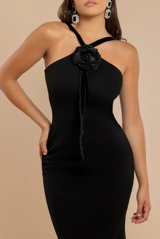 Sultry Black Halter Neck Mermaid Gown with 3D Floral Detail and Open Back, Prom Dress