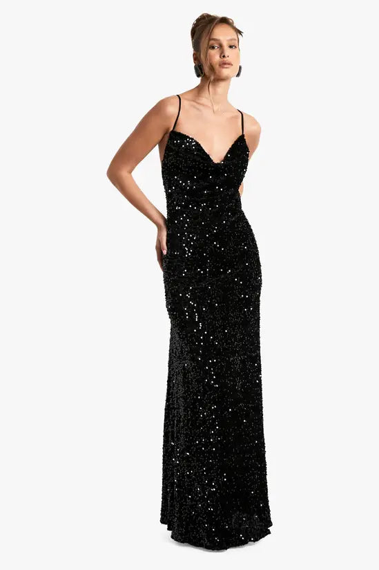 Sultry Black Sequin V-Neck Maxi Dress with Spaghetti Straps and Open Cross-Back Detail, Prom Dress