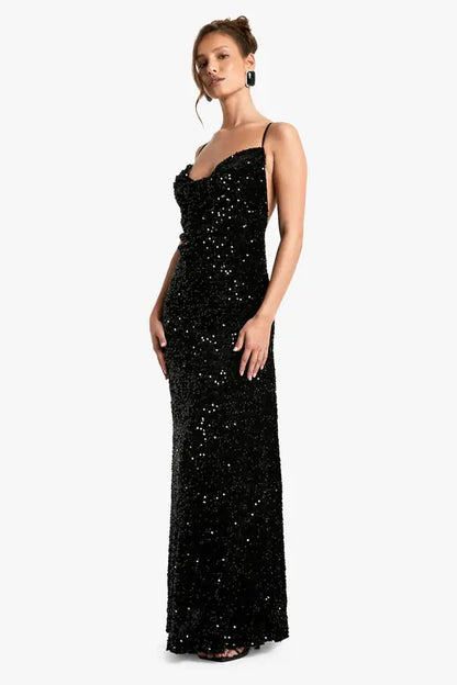 Sultry Black Sequin V-Neck Maxi Dress with Spaghetti Straps and Open Cross-Back Detail, Prom Dress