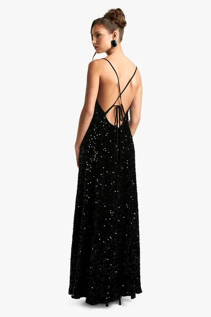 Sultry Black Sequin V-Neck Maxi Dress with Spaghetti Straps and Open Cross-Back Detail, Prom Dress