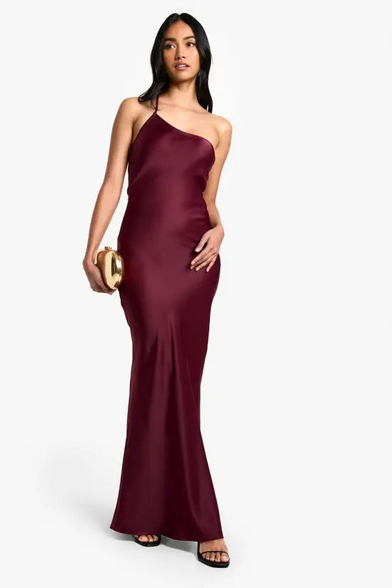 Sultry Deep Burgundy Satin Asymmetric Halter Maxi Dress with Open Cross-Back Detail, Prom Dress