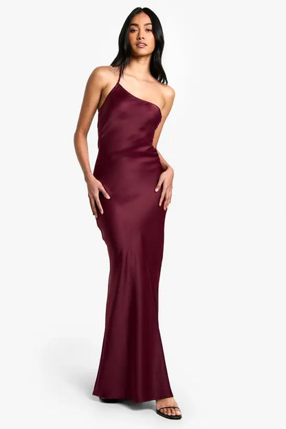 Sultry Deep Burgundy Satin Asymmetric Halter Maxi Dress with Open Cross-Back Detail, Prom Dress