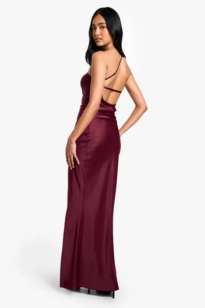 Sultry Deep Burgundy Satin Asymmetric Halter Maxi Dress with Open Cross-Back Detail, Prom Dress