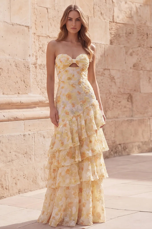 Sunny Strapless Watercolor Yellow Floral Print Tiered Ruffle Maxi Dress with Bow Cutout Bodice and 3D Embroidery Prom Dress