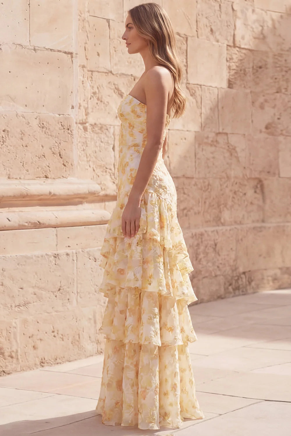 Sunny Strapless Watercolor Yellow Floral Print Tiered Ruffle Maxi Dress with Bow Cutout Bodice and 3D Embroidery Prom Dress
