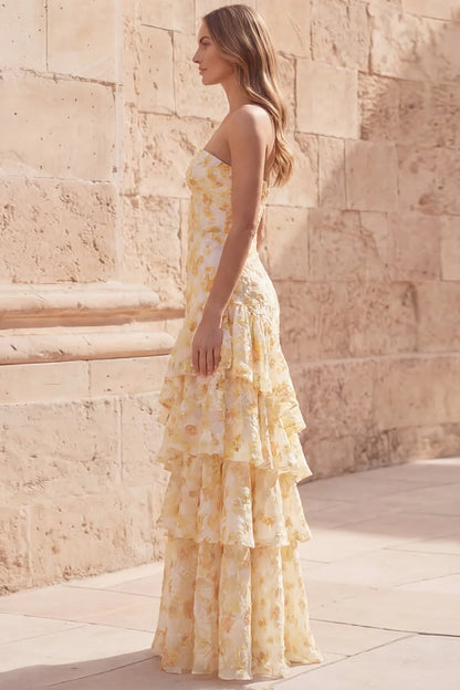 Sunny Strapless Watercolor Yellow Floral Print Tiered Ruffle Maxi Dress with Bow Cutout Bodice and 3D Embroidery Prom Dress