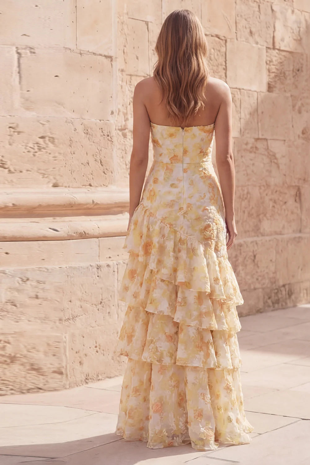 Sunny Strapless Watercolor Yellow Floral Print Tiered Ruffle Maxi Dress with Bow Cutout Bodice and 3D Embroidery Prom Dress