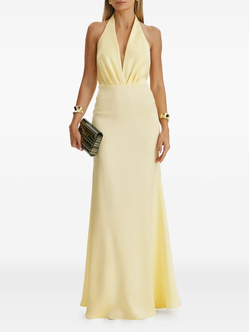 Sunny Yellow Halter Neck Open-Back Satin Maxi Dress
