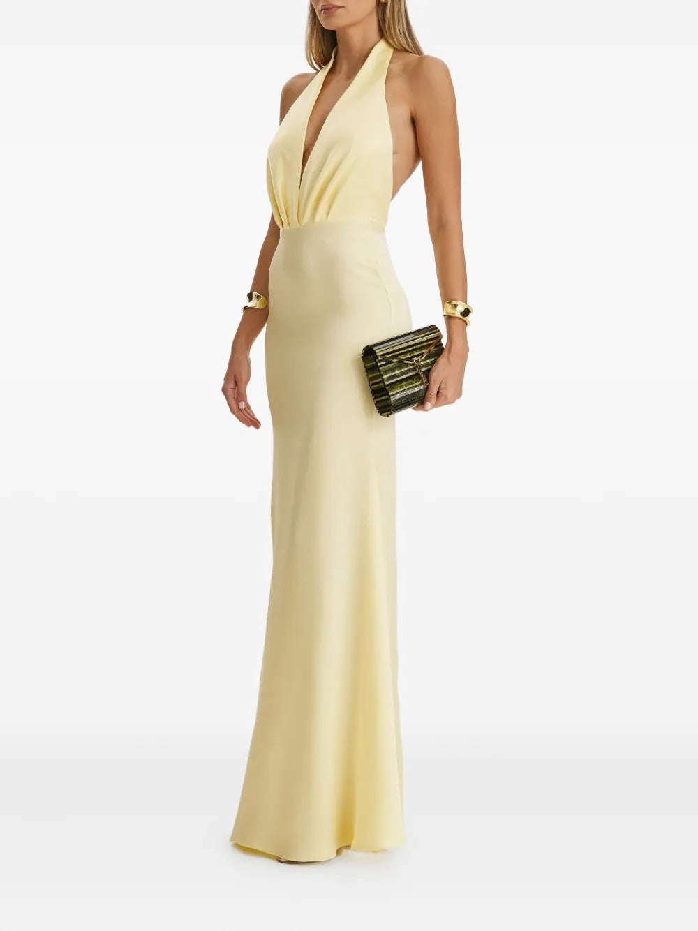 Sunny Yellow Halter Neck Open-Back Satin Maxi Dress