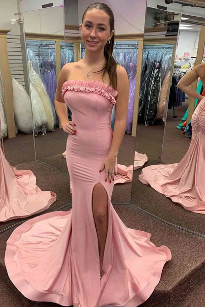 Sunshine Yellow Strapless Ruffle Lace Up Back Satin Prom Dresses