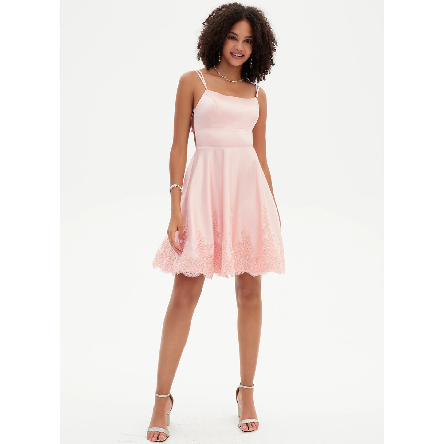 Sweet A-Line Square Neck Sleeveless Lace Back Pink Short Homecoming Dress
