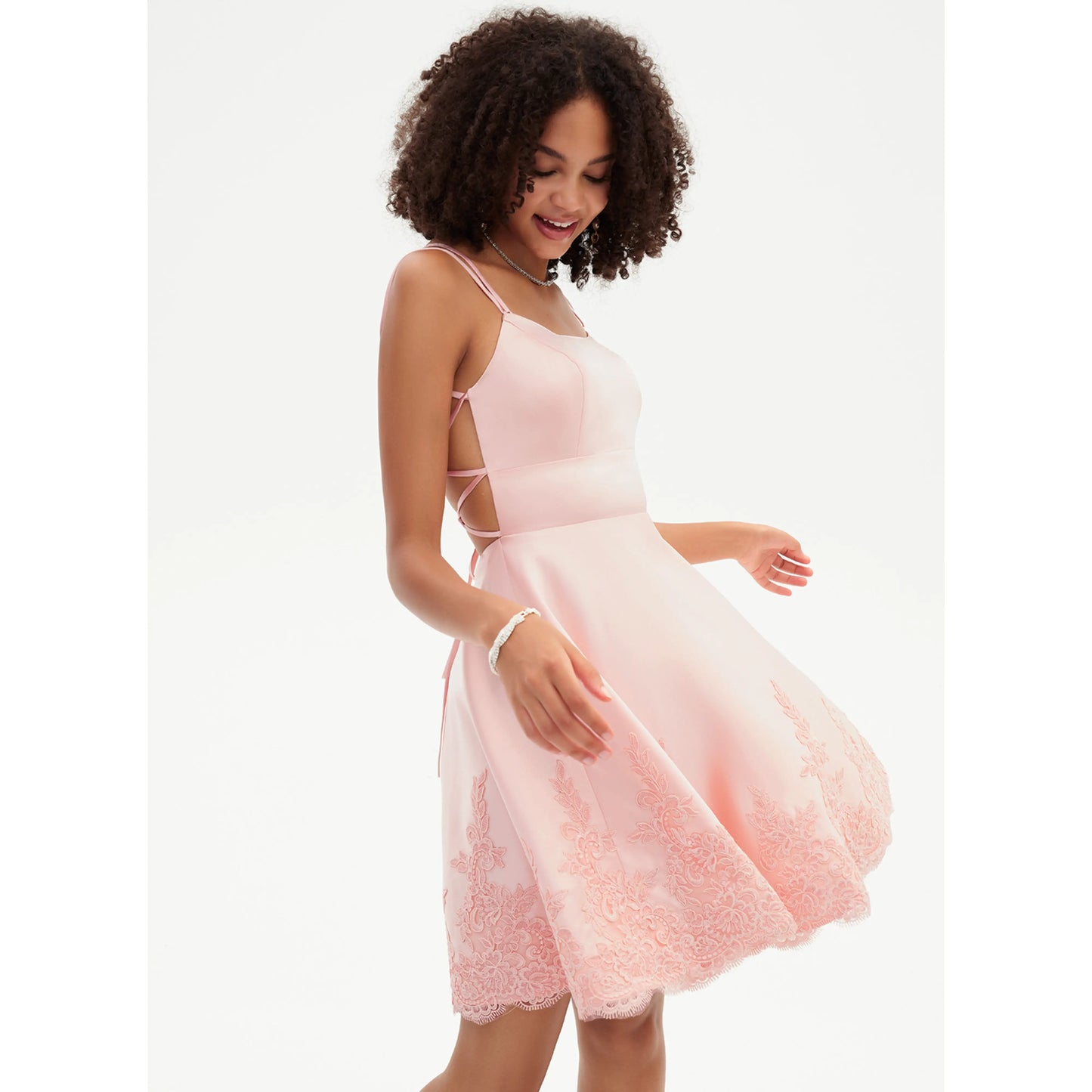 Sweet A-Line Square Neck Sleeveless Lace Back Pink Short Homecoming Dress