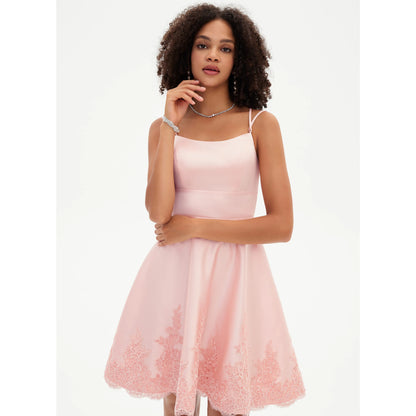 Sweet A-Line Square Neck Sleeveless Lace Back Pink Short Homecoming Dress