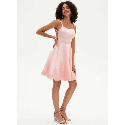 Sweet A-Line Square Neck Sleeveless Lace Back Pink Short Homecoming Dress