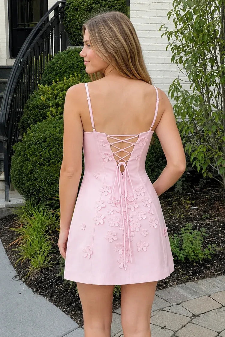 Sweet A-Line Sweetheart Sleeveless Floral Appliqued Corset Back Pink Short Homecoming Dress