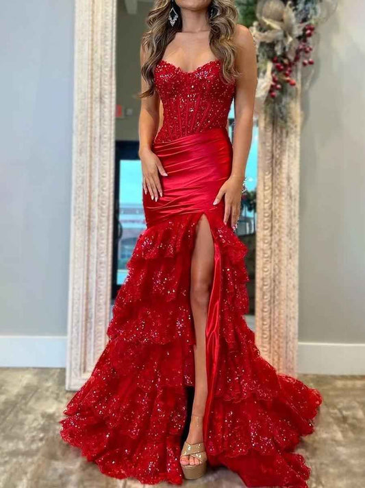 Sweetheart Neck Beaded Satin Tiered Ruffle Mermaid Prom Dresses (Red)
