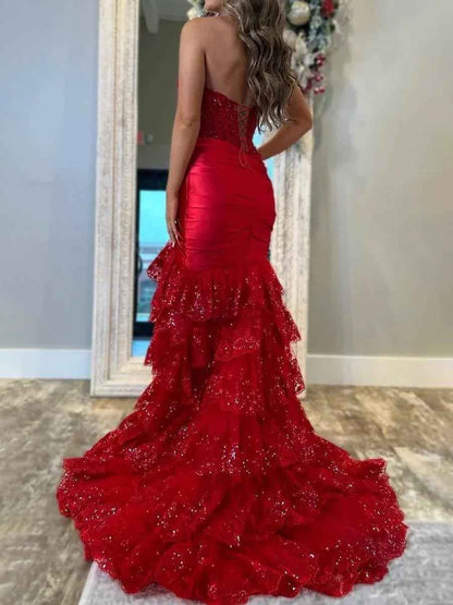 Sweetheart Neck Beaded Satin Tiered Ruffle Mermaid Prom Dresses (Red)
