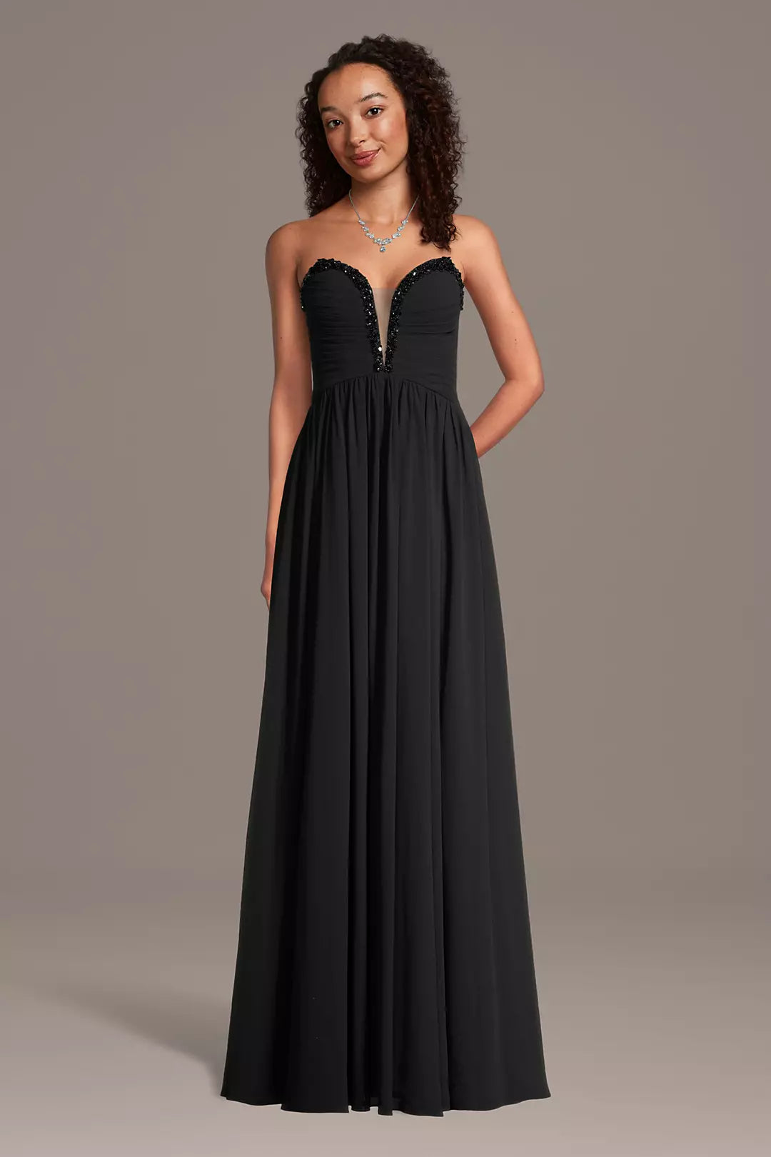 Sweetheart Neck Black Chiffon Evening Dresses with Beaded Neckline and Lace-Up Back