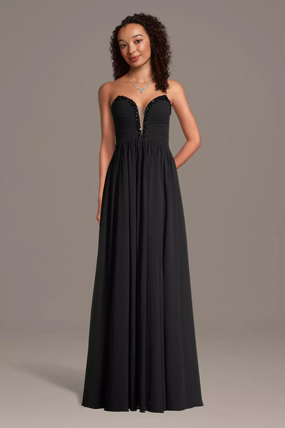 Sweetheart Neck Black Chiffon Evening Dresses with Beaded Neckline and Lace-Up Back