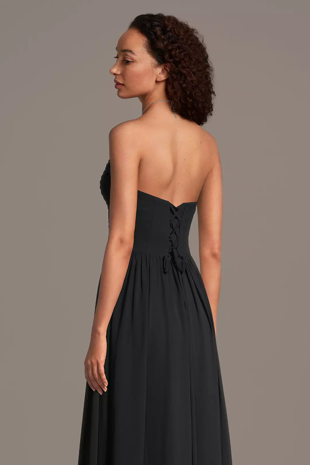 Sweetheart Neck Black Chiffon Evening Dresses with Beaded Neckline and Lace-Up Back