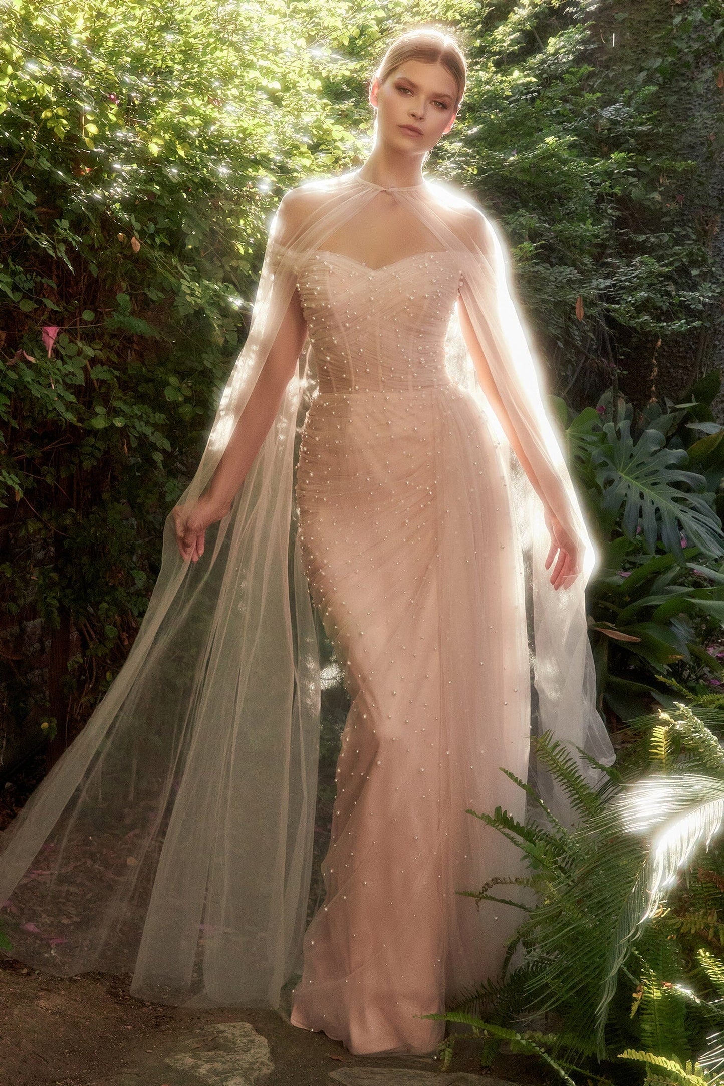 Sweetheart Neck Blush Pink Tulle Evening Dresses with Pearl Beading and Capelet Sleeves