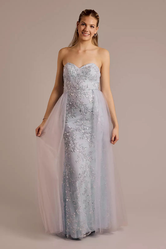 Sweetheart Neck Sky Blue Beaded Evening Dresses with Tulle Overlay and Floor-Length Skirt