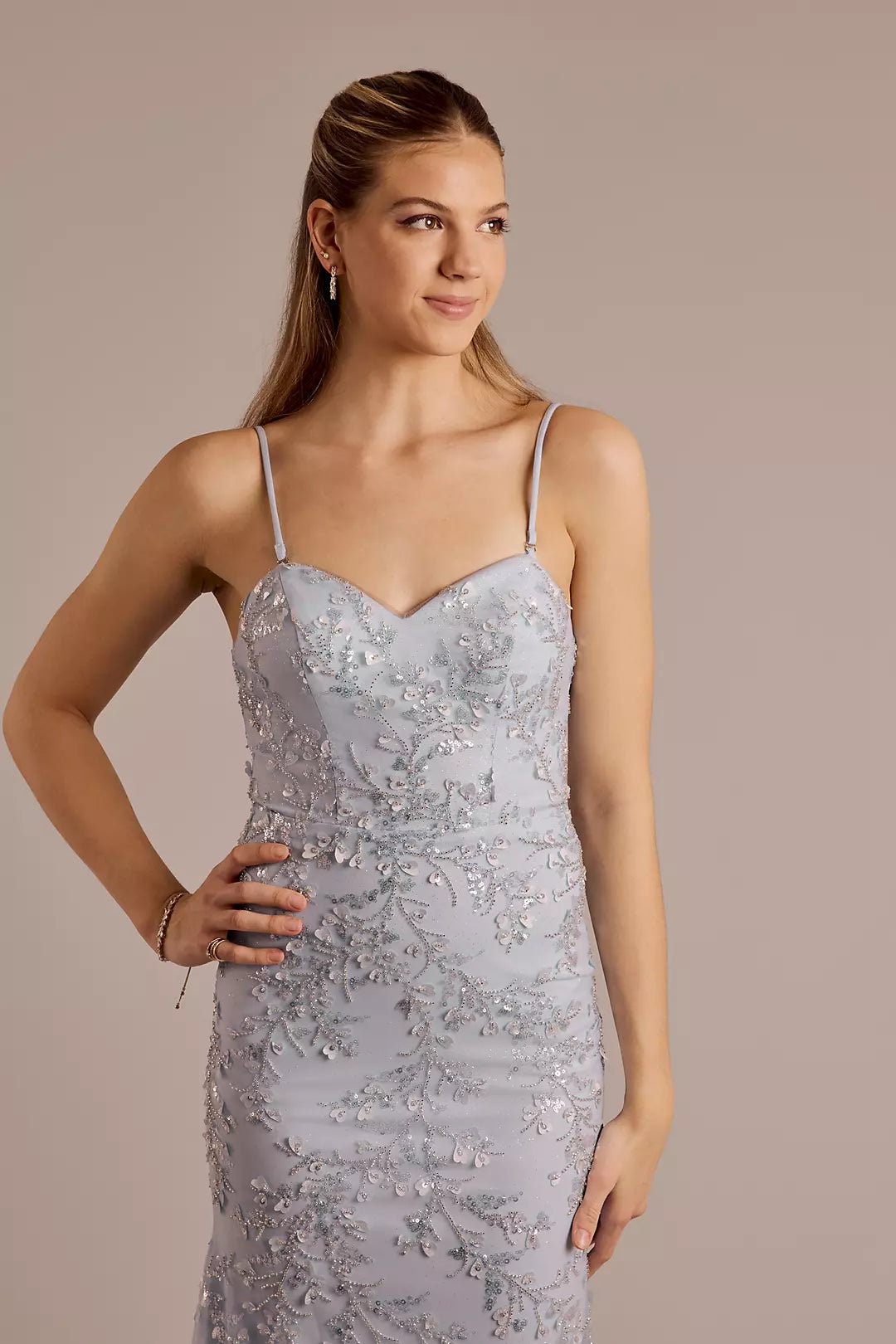 Sweetheart Neck Sky Blue Beaded Evening Dresses with Tulle Overlay and Floor-Length Skirt