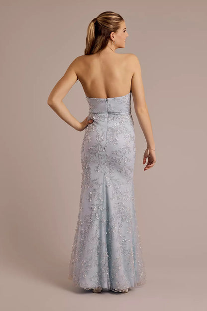 Sweetheart Neck Sky Blue Beaded Evening Dresses with Tulle Overlay and Floor-Length Skirt