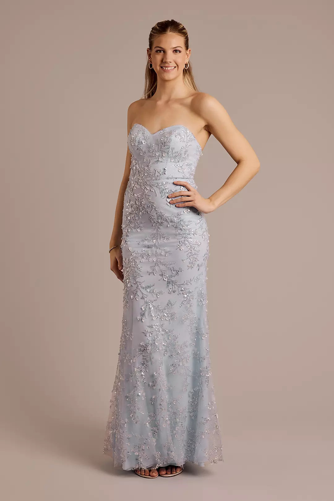 Sweetheart Neck Sky Blue Beaded Evening Dresses with Tulle Overlay and Floor-Length Skirt