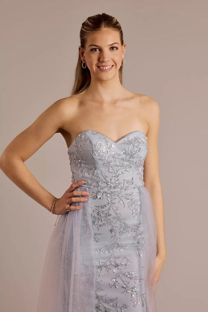 Sweetheart Neck Sky Blue Beaded Evening Dresses with Tulle Overlay and Floor-Length Skirt